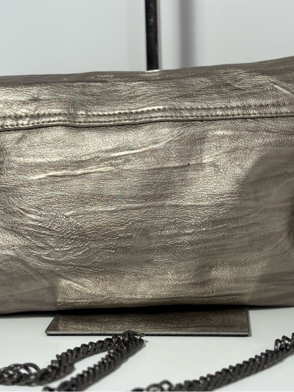 lola Metallic Silver Studded Clutch with Chain Detail - Picture 6 of 9